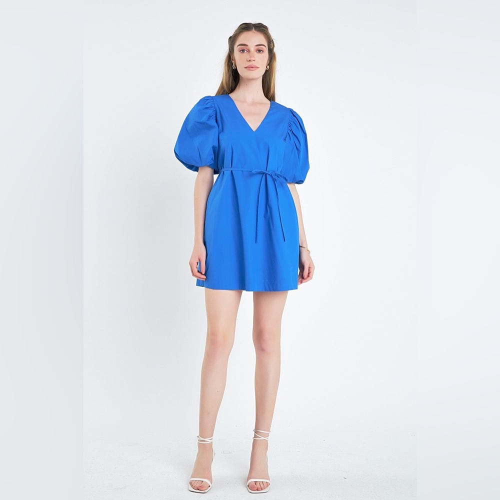 English Factory Royal Blue Puff Sleeve A-Line Shift Babydoll Dress with Pockets